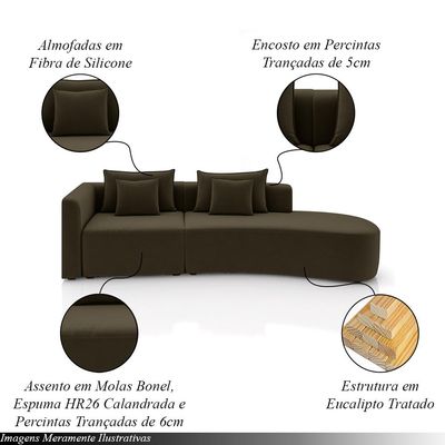Sofá Curvo Decorativo Kimiko 297Cm 2 Lugares Sala de Estar com Chaise Veludo Marrom G52 - Gran Belo