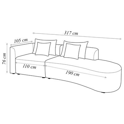 Sofá Curvo Decorativo Kimiko 317Cm 3 Lugares Sala de Estar com Chaise Veludo Preto G52 - Gran Belo