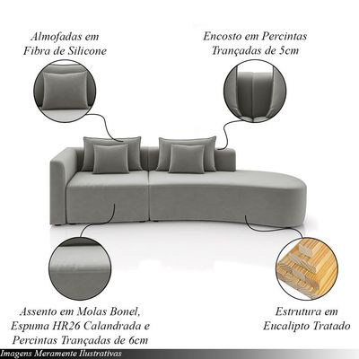 Sofá Curvo Decorativo Kimiko 317Cm 3 Lugares Sala de Estar com Chaise Veludo Cinza G52 - Gran Belo