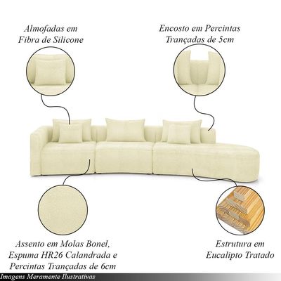 Sofá Curvo Decorativo Kimiko 437Cm 5 Lugares Sala de Estar com Chaise Bouclê Off White G52 - Gran Belo