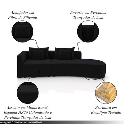 Sofá Curvo Decorativo Kimiko 327Cm 4 Lugares Sala de Estar com Chaise Veludo Preto G52 - Gran Belo