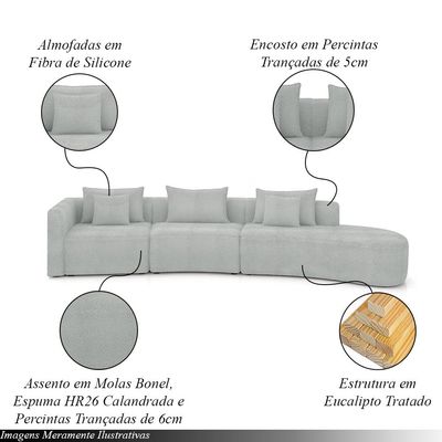 Sofá Curvo Decorativo Kimiko 427Cm 5 Lugares Sala de Estar com Chaise Bouclê Cinza G52 - Gran Belo