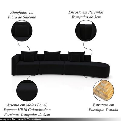 Sofá Curvo Decorativo Kimiko 437Cm 5 Lugares Sala de Estar com Chaise Veludo Preto G52 - Gran Belo