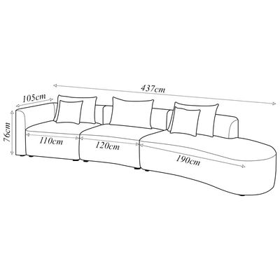Sofá Curvo Decorativo Kimiko 437Cm 5 Lugares Sala de Estar com Chaise Veludo Preto G52 - Gran Belo