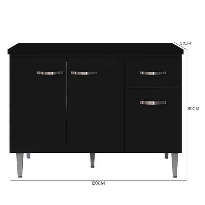 Balcão De Cozinha 120cm Gabriela 3 Portas 1 Gaveta Com Tampo Preto