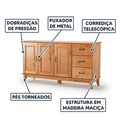 Buffet Aparador Rústico Madeira Maciça 3 Portas 3 Gavetas Bella Shop Jm - Carvalho Carvalho