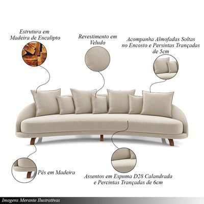 Sofá Living 3 Lugares 265cm Pés Madeira Morales com Almofadas Veludo Bege G52 - Gran Belo