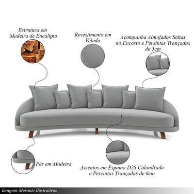 Sofá Living 3 Lugares 265cm Pés Madeira Morales com Almofadas Veludo Cinza G52 - Gran Belo