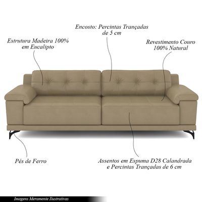 Sofá Living 3 lugares 232cm Agostino Pés Design em Ferro Couro Bege G52 - Gran Belo