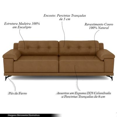 Sofá Living 4 lugares 252cm Agostino Pés Design em Ferro Couro Caramelo G52 - Gran Belo