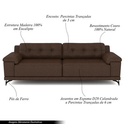 Sofá Living 4 lugares 252cm Agostino Pés Design em Ferro Couro Marrom Manchado G52 - Gran Belo