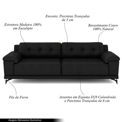 Sofá Living 4 lugares 252cm Agostino Pés Design em Ferro Couro Preto G52 - Gran Belo