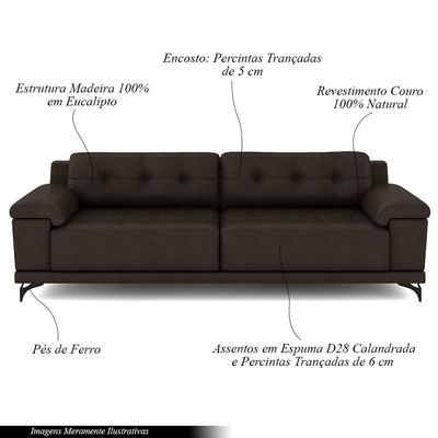 Sofá Living 4 lugares 272cm Agostino Pés Design em Ferro Couro Marrom G52 - Gran Belo