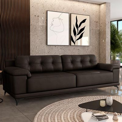 Sofá Living 4 lugares 272cm Agostino Pés Design em Ferro Couro Marrom G52 - Gran Belo