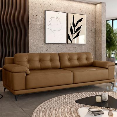 Sofá Living 4 lugares 292cm Agostino Pés Design em Ferro Couro Caramelo G52 - Gran Belo