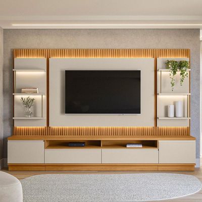 Rack Para Sala Com Painel Para Tv 70 Pol Led 297cm Spencer L05 Tauari Off White Fosco - Lyam Decor