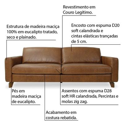 Sofá 3 Lugares Sala de Estar Recepção 260cm Presley Couro Caramelo - Gran Belo