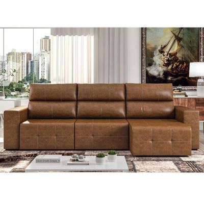 Sofá Retrátil Reclinável 6 Lugares Sala de Estar 374cm Russo Couro Caramelo - Gran Belo