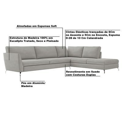 Sofá de Canto Chaise Direito 267 cm Olívia Suede Cinza - Gran Belo