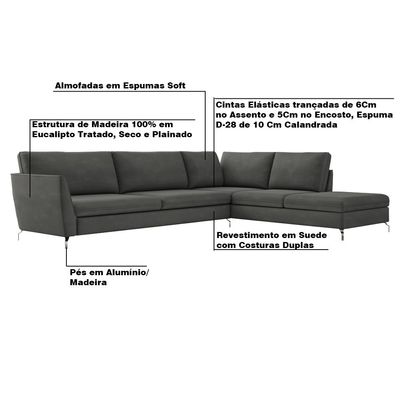 Sofá de Canto Chaise Direito 287 cm Olívia Suede Grafite - Gran Belo