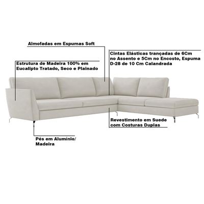 Sofá de Canto Chaise Direito 307 cm Olívia Suede Bege - Gran Belo