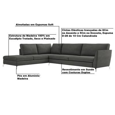 Sofá de Canto Chaise Esquerdo 267 cm Olívia Suede Grafite - Gran Belo