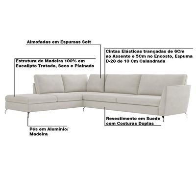 Sofá de Canto Chaise Esquerdo 307 cm Olívia Suede Bege - Gran Belo