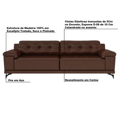 Sofá 220cm Decorativo Sala de Estar Agostino PU Sintético Marrom - Gran Belo