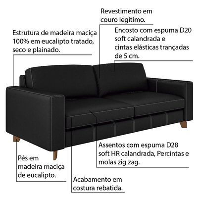 Sofá 3 Lugares Sala de Estar Recepção 260cm Presley Couro Preto - Gran Belo