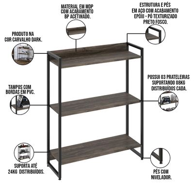 Estante Multiuso Escritório Industrial 3 Prateleiras Areta 104x80cm C01 Carvalho Dark - Lyam Decor