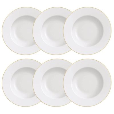 Jogo 6 Pratos Rasos Branco com Borda Dourada Porcelana 28cm Jantar Tramontina Elisa