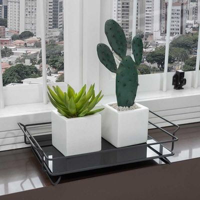Bandeja de Vidro Retangular Decorativa Para Taças e Xicaras Iris Preto Fosco
