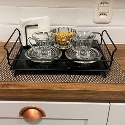 Bandeja de Vidro Retangular Decorativa Para Taças e Xicaras Iris Preto Fosco