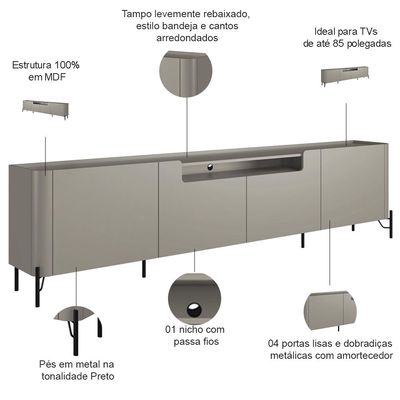 Rack Para Sala de Estar TV 85 Pol 4 Portas Pés Industrial Preto Alef I03 Grigio - Lyam Decor
