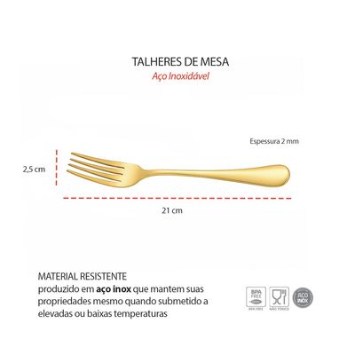 Garfo de Mesa Dourado Ouro Talheres Aço Inox Buffet Jogo 6un