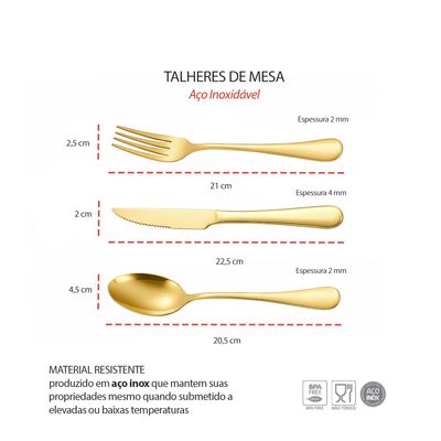 Talheres de Mesa Faqueiro Dourado Garfo Faca Colher Inox 18un