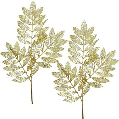 Plantas Folhas Decoração Natal Gliter Dourado 75cm Kit 4pçs