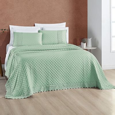 Kit Cobre Leito Colcha Bouclê Casal Padrão Laise Bordada Micropercal 200 Fios 3 Peças - Verde Salvia