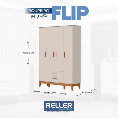 Jogo De Quarto Infantil Flip Guarda Roupa 4 Portas E Cômoda 1 Porta Areia Fosco - Reller Móveis Areia Fosco