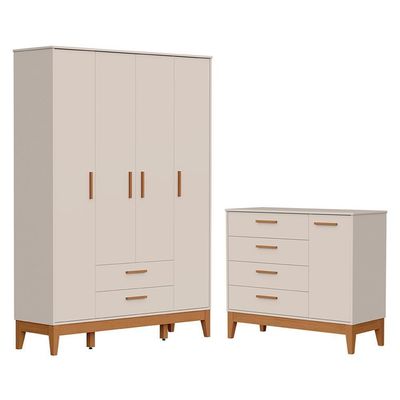 Jogo De Quarto Infantil Flip Guarda Roupa 4 Portas E Cômoda 1 Porta Areia Fosco - Reller Móveis Areia Fosco