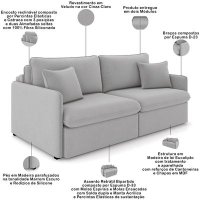 Sofá Cama Retrátil Para Sala de Estar 234cm Una K01 Veludo Cinza Claro - Lyam Decor