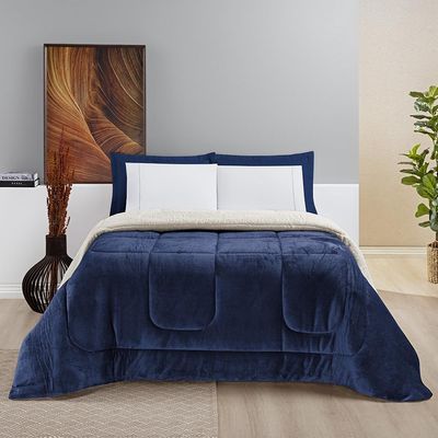 Coberdrom Diamond Casal Queen Sherpa Com Manta Flannel 01 Peça - Azul Marinho
