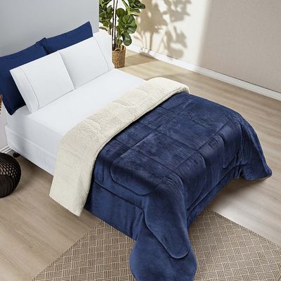Coberdrom Diamond Casal Queen Sherpa Com Manta Flannel 01 Peça - Azul Marinho
