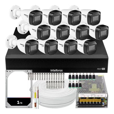 Kit Cftv Monitoramento 12 Cameras de Segurança Intelbras vhd 1130 com IR 30m Dvr 1016c hd 1tb