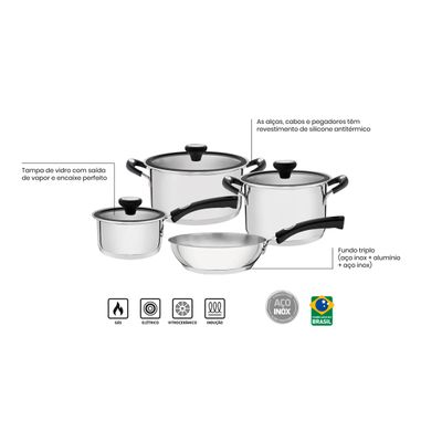 Jogo de Panelas Tramontina Solar Silicone em Aço Inox com Fundo Triplo 4 Peças