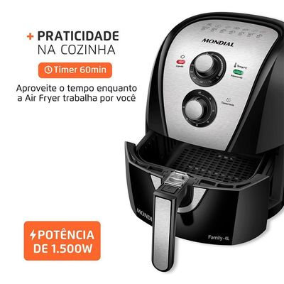 Fritadeira Sem Óleo com Divisória Air Fryer Mondial Family 4L Preto/Inox AFD-40-BI 220V