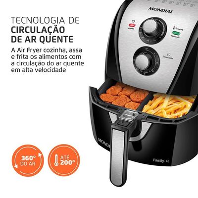 Fritadeira Sem Óleo com Divisória Air Fryer Mondial Family 4L Preto/Inox AFD-40-BI 220V