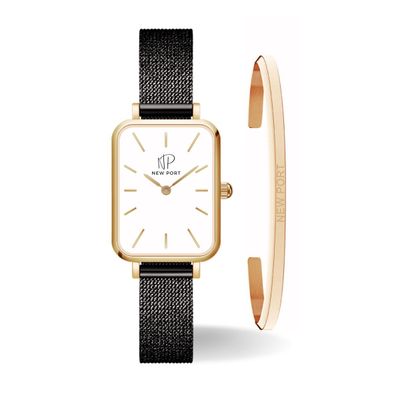 Relógio Feminino Quadrado Dourado + Bracelete Ajustável