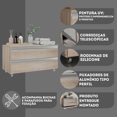 Gabinete Banheiro Rodinhas Joia 80cm 02 Gavetas Madeirado Inteiro