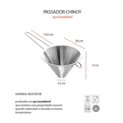 Funil Passador Chinoy Coador Peneira Aço Inox 20cm